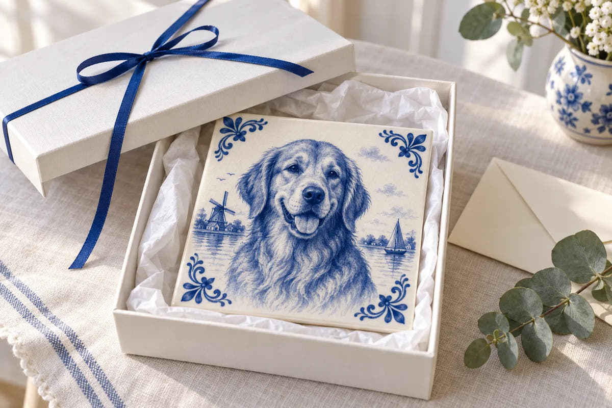 Fototegel van een hond in een geopende cadeaudoos met blauw lint