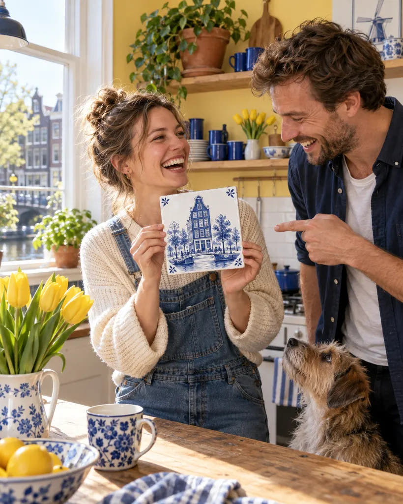 Stel bekijkt blij hun tegel met hun huis