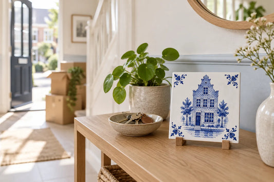 Hal van een nieuw huis met een huisportret-tegel op een houten standaard