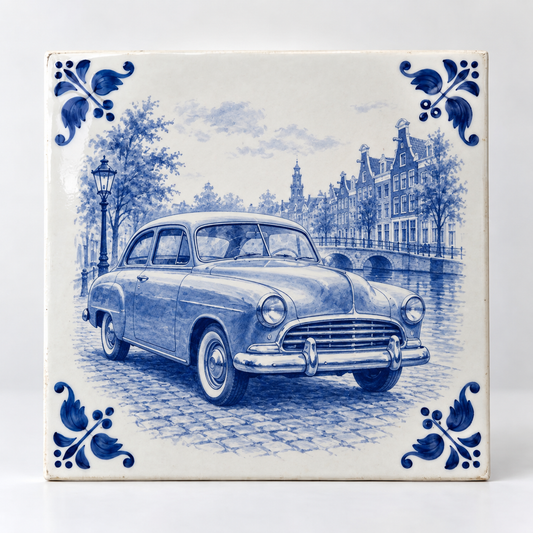 Delfts blauwe tegel met een klassieke auto aan de gracht