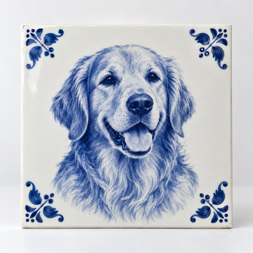 Fototegel in Delfts blauw met een portret van een hond