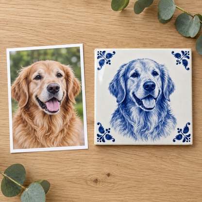Originele foto van de hond naast de fototegel in Delfts blauw
