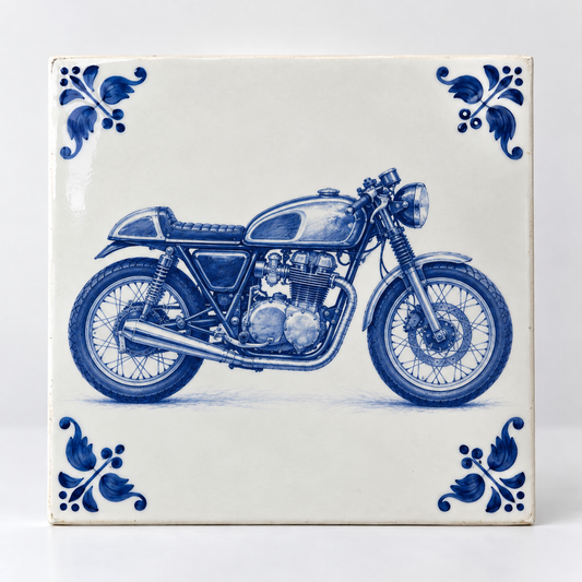 Delfts blauwe tegel met een café racer motor